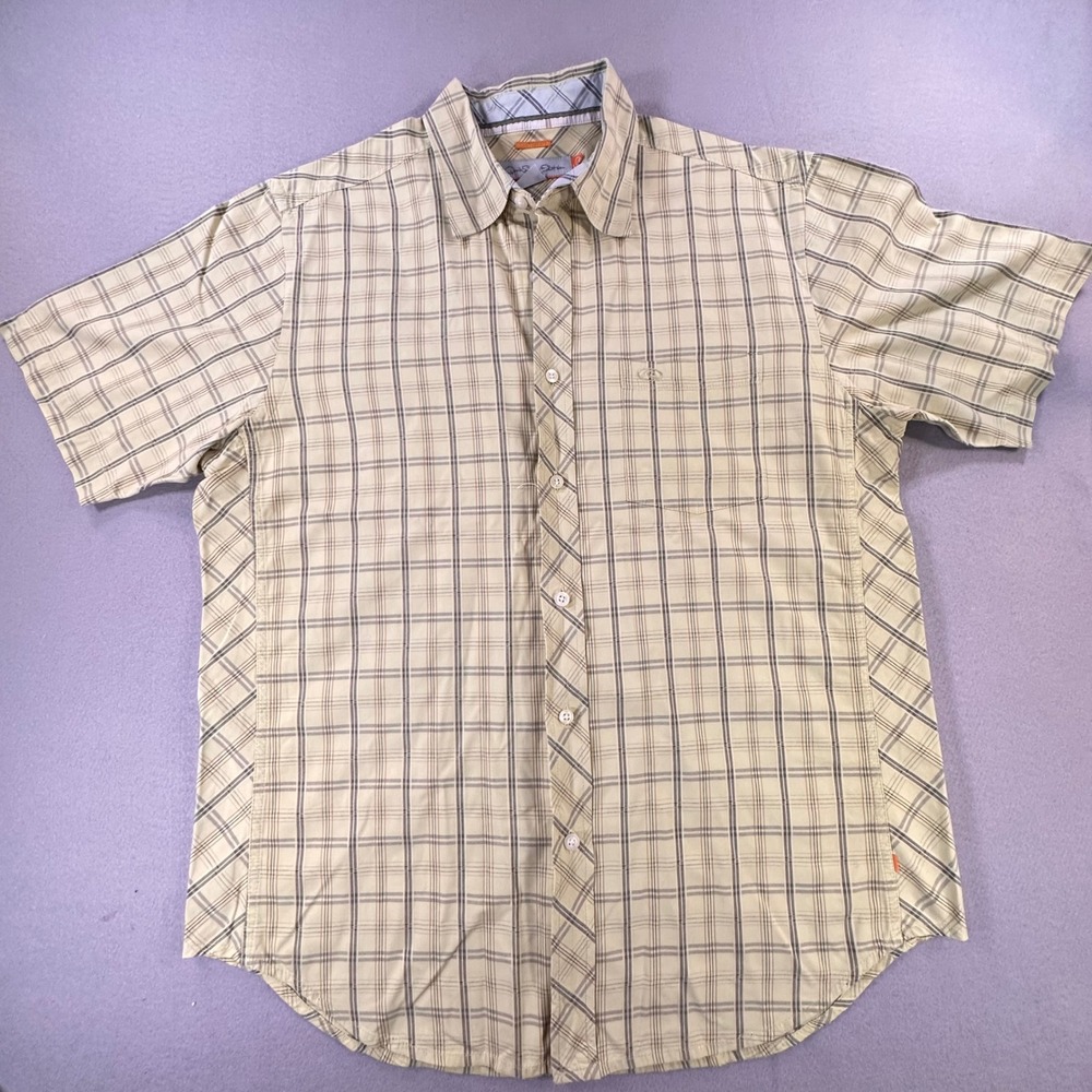 Quiksilver Edition Mens Large Plaid Button Down Shirt Tan Orange Custom Fit SS
